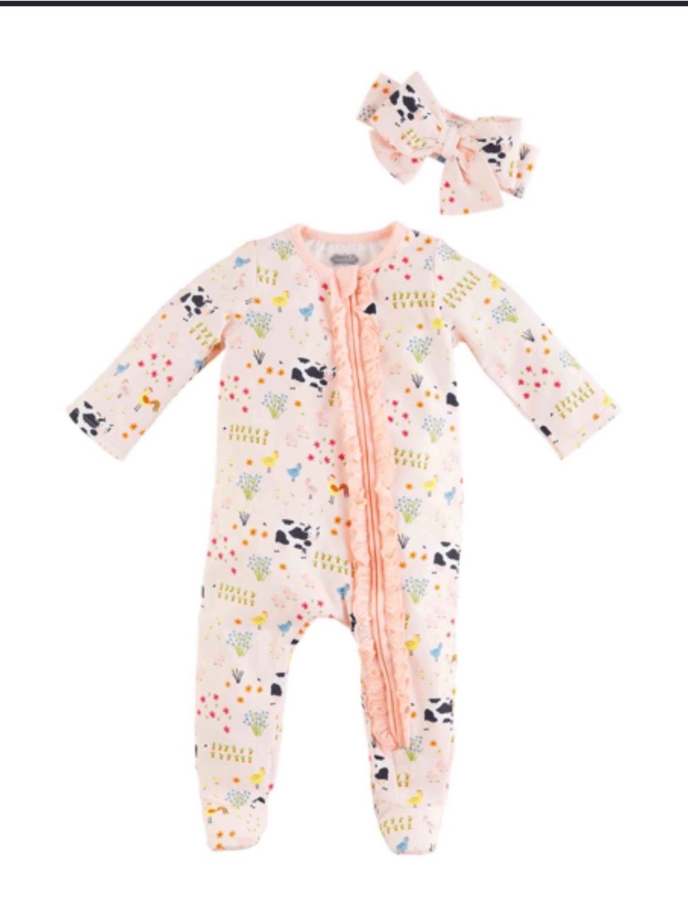 Mud Pie Girls Pink Floral Farm Animal Zip Sleeper + Headband Set 6-9 Months